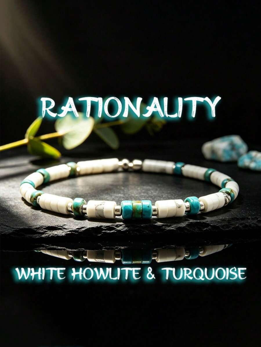 Natural White Turquoise & Green Turquoise Cylinder Bead Bracelet With Silver Spacer, Stackable Unisex Casual Daily Wear Accessory - Multicolor - View 1