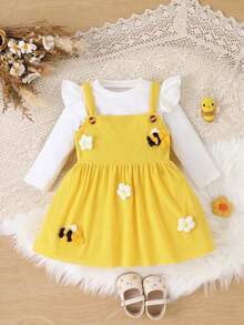 Early Autumn Girls 2 Pieces Set Ribbed Flutter Sleeve Long Sleeve Undershirt + Corduroy Overall Dress With 3D Flower & Bee Design Baby Outfit - Yellow - View 2