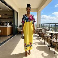African Patchwork Print Plus Size Dress Women's Clothing 2026 Spring Summer New Vacation Style Loose Fashionable Long Dress - Blue - View 3