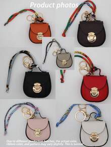 Lychee Texture Mini Saddle Coin Purse With Flap, Metal Clasp And Black Trim, Detachable Colorful Scarf Shoulder Strap - Multicolor - View 11