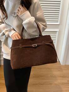 Women Retro Suede Tote Bag, Belt Buckle Decor Large Capacity Shoulder Handbag, Minimalist Commuter Top Handle Bag - Coffee - View 4