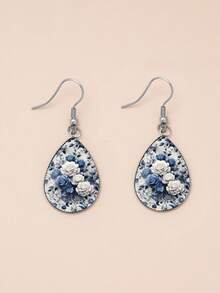 1 Pair Dark Vintage Rose Pattern With 316 Stainless Steel Water Drop Ear Hooks, Suitable For Women's Daily Wear - Blue - View 7