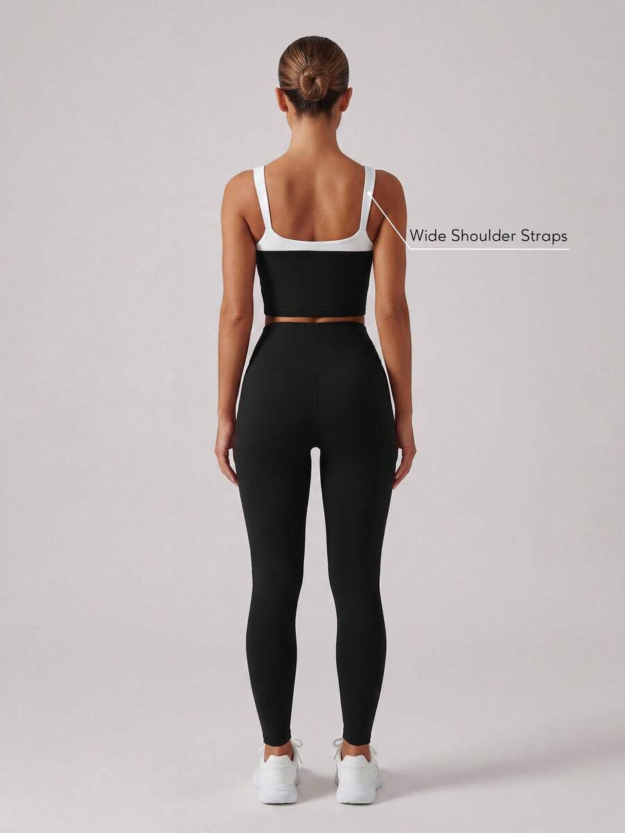 Sodalemon Women's Colorblock Gym Set, Removable Padded V-Neck Seamless Front Yoga Leggings And Workout Tank Top, 2-Piece Set For Running And Fitness