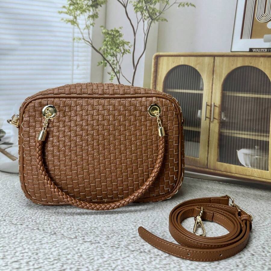 Checkered Crossbody Bag For Women Shoulder Plaid Handbags Top Handle Satchel Bag Woven Bum Bag Stylish Woven Crossbody Bag PU Leather - 棕色 - 查看 1
