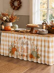 1PC Hello Fall Pumpkin Table Skirt, Cream Beige Farmhouse Polyester Ruffled Rectangular Table Cover With Autumn Wreath Maple Leaves Acorn & Orange Green Pumpkin Print, Seasonal Buffet Table Decor For Thanksgiving, Kitchen & Harvest Party - Multicolor - View 1