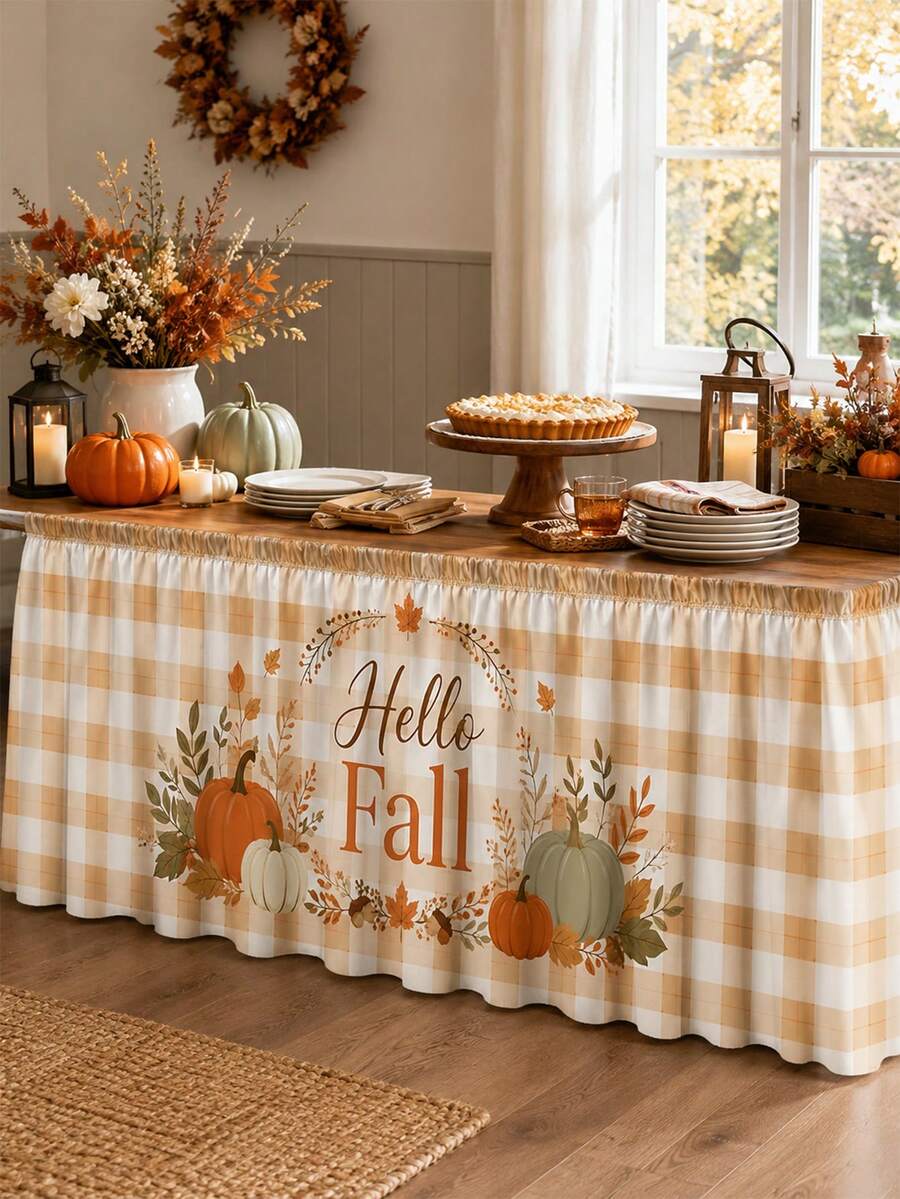 1PC Hello Fall Pumpkin Table Skirt, Cream Beige Farmhouse Polyester Ruffled Rectangular Table Cover With Autumn Wreath Maple Leaves Acorn & Orange Green Pumpkin Print, Seasonal Buffet Table Decor For Thanksgiving, Kitchen & Harvest Party - Multicolor - View 1