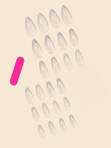 24pcs Almond Shaped False Nail With Silver Glitter French Nail Art Design, Pearl Powder Punk Style, Including False Nails, Jelly Glue And Nail File Long Nails Press On Nails Nail Supplies - Silver - View 2
