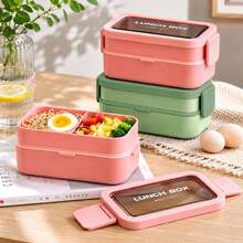 1pc Double-Layer Portable Lunch Box, Microwave ; Large Capacity Stackable Lunch Box, 1350ml; Includes Fork And Spoon Set; Pink Color - Multicolor - View 2