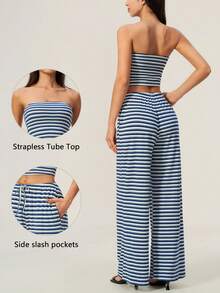 TimeOff Women's One Set Striped Strapless Bandeau Tank Top With Waist Drawstring And Side Pockets Wide Leg Pants 2 Pieces Set - Royal Blue - View 3