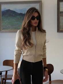 Women's Elegant High Neck Cable Knit Zipper Cardigan Sweater, Slim Fit Solid Color Long Sleeve Knit Top, Textured Commuter Casual Style Fall - Apricot - View 8