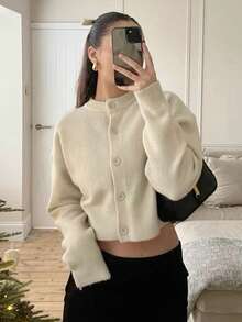 Minimalist Women's Ribbed Knit Cropped Wool Cardigan, Long Sleeve Round Neck Button Front Knit Sweater, Perfect Choice For Autumn Outfit Fall - Off White - View 5
