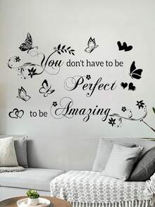 1pc Heart Butterfly Art English Wall Decal, Removable Vinyl Sticker, Suitable For Living Room Bedroom Entryway Bathroom Wall Decoration, Beautify Home Decor - A - View 1