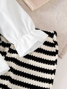 Korean Style Baby Girl Vintage Striped 2-Piece Set, Wavy Hem Faux Layered Patchwork Long Sleeve Top, Soft Textured Striped Loose Flared Pants, Spring/Autumn Outfit - Black and White - View 4
