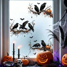 1/2pcs Dark Gothic Raven Skull Halloween Window Sticker, Double-Sided Visible PVC Electrostatic Adsorption Glass Sticker, Suitable For Bars, Cafes, Shops, And Home Decoration. - Multicolor - View 4