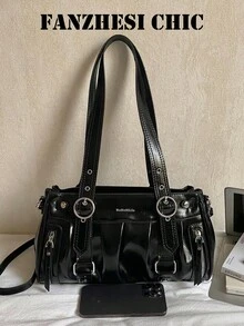 鉚釘裝飾女款腋下包，可拆卸肩帶、拉鍊開合，酷感獨特小眾設計，適合日常出門、約會、通勤及休閒斜跨佩戴 - 黑色 - 查看 3