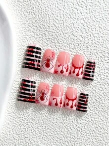 10片裝萬聖節主題暗黑風手工穿戴甲，Polygel美甲套組，蜘蛛條紋設計，粉色與紅色指甲油，甜酷風，含美甲工具，3種尺寸可選，杏仁/鴨嘴/棺材形，適合派對、舞會、日常配戴 - 彩色 - 查看 13