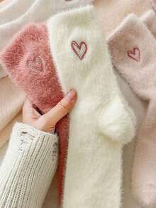 1/5 Pairs Autumn/Winter Plush Heart Socks, Elastic Breathable Daily Socks, Personalized Mid-Calf Socks, Suitable For Family Wear, Applicable For Sports, Home, Leisure And Commuting - Multicolor - View 4