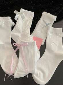 1/5 Pairs White Girls' Summer Mid-Calf Socks, Japanese Cute JK Style, Thin Lace Bow Ballet Design - White - View 2