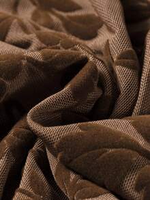 Acelitt Brown Floral Embossed Waffle Knit Slim Fit Long Sleeve Top, Wavy Hem Casual Round Neck T-Shirt - Brown - View 8