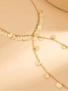 1pc Fashion Minimalist Street Style Vintage Metal Disc Pendant Necklace, Y-Shaped Disc Tassel Collarbone Chain, Suitable For Parties, Vacations, Gifts For Friends And Family, Daily Wear - Gold - View 4