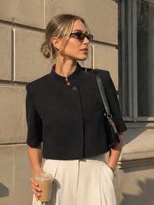 女款辦公室優雅商務休閒套裝黑色鈕扣西裝外套夏季 - 黑色 - 查看 3