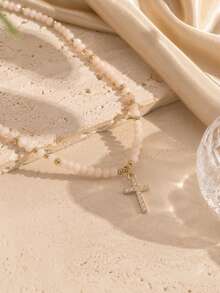 1pc Niche Fashion Design Faux Crystal Beaded Rhinestone Cross Pendant Necklace For Women - Apricot - View 3