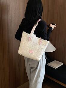 Dedoo 女款鏤空蕾絲托特包，肩帶蕾絲蝴蝶結裝飾浪漫日常單肩包，緞帶隨機，大容量，校園後背包，大學校園 - 粉色 - 查看 3