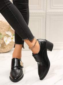 Women's Textured Stitching Square Metal Decor Minimalist Solid Color Pointed Toe Strap Loafers With Block Heel, Urban Commute Business Meeting Cocktail Party Date Spring Autumn Black Shoes - Black - View 5