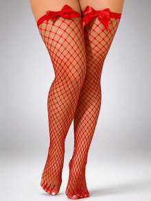 1/2 Pairs Women's Fishnet Thigh High Socks, Red & Black Color Over-The-Knee Socks With Satin Bow, Sexy Fishnet Stockings, Suitable For Valentine's Day, Party And Date Night - Multicolor - View 3