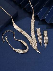 Juego de Joyería de 3 Piezas con Flecos de Strass Multicapa Dorado | Collar con Colgante en Forma de V, Pendientes Largos con Flecos y Pulsera, Adecuado para Boda Nupcial, Baile y Fiesta de Noche - Dorado - Ver 5