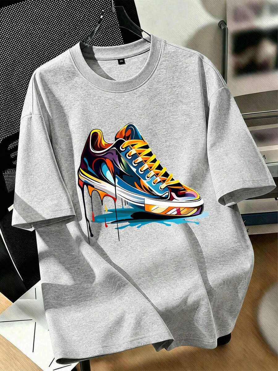 Men's Loose Fit Colorful Sneaker Print Short Sleeve T-Shirt, Plus Size Casual Top | Exquisite Design | Summer Essential | Easy To Match, Showcase Your Style - 灰色 - 查看 1