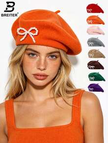 1pc Women's Rhinestone Flower Wool Solid Color Beret Hat, Casual Versatile Cap - Multicolor - View 5