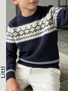 Tween Boys Vintage Nordic Jacquard Knit Top, Contrast Geo Print Fall Knitwear - Navy Blue - View 1