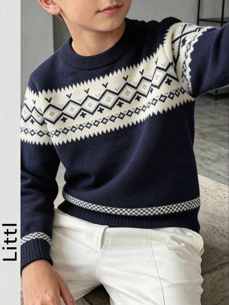 Tween Boys Vintage Nordic Jacquard Knit Top, Contrast Geo Print Fall Knitwear - Navy Blue - View 1