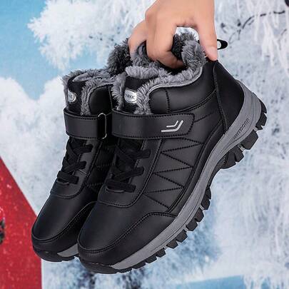 Men's Outdoor Thermal Lined Warm Comfortable Snow Boots, Winter Sports Shoes, Adjustable Webbing Hook & Loop Closure Plus Size Men's Shoes