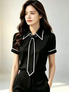 YUXIN 女款修身黑色襯衫，黑白對比蝴蝶結裝飾，經典領短袖優雅商務休閒上衣，春夏辦公休閒穿搭 - 黑色 - 查看 2