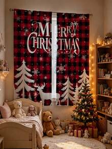 2pcs/Set Christmas Decoration, Elegant Red & Black Plaid Christmas Tree & Reindeer Print Semi-Sheer Curtains, Christmas Curtains, Christmas Door Curtains, Bedroom & Living Room Holiday Decor Curtains, Home Decor, 2026 Merry Christmas Decoration, Christmas Decoration, Winter Decoration, Christmas Gift, Christmas Decor, 2027 Happy New Year Decoration - Christmas Red Plaid Reindeer - View 6