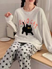 2pcs/Set Women's Spring Autumn Casual Cartoon Sweat-Absorbing Breathable Round Neck Long Sleeve Long Pants Cartoon Home Wear - Champagne - View 5