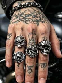 American Heavy-Duty Vintage Thorn Rose Skull Ring Set, Ram Head Carved Distressed Gothic Finger Ring, Men's Personalized Street Style Accessory, Halloween Gift, Random Style 1pc/2pcs/3pcs/4pcs - Antique Silver - View 8