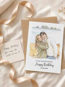 1pc Personalized Watercolor Portrait Birthday Greeting Card With Envelope, Custom Photo Hand‑Drawn Family Best Friend Art Card, Custom Text Date Customized Birthday Wish Card For Friendship Gift. - Multicolor - View 8
