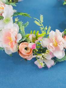 KOVLYNE 1 Peça Tiara Romântica com Guirlanda Floral Rosa e Fita de Organza, Acessório de Cabelo Estilo Boêmio para Casamento e Festival - Rosa chiclete - Visão 3