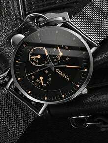 1pc Men's Watch, Black Mesh Strap Casual Round Dial Quartz Watch, Suitable For Daily Wear, Best Gift For Men - Black - View 4