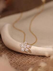 14K Gold Plated Delicate Flower Pendant Necklace, Sparkling CZ Cherry Blossom Necklace, Elegant Minimalist Women's Daily, Date, Party Wear Jewelry - Gold - View 8
