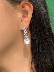 1 Pair Classy Silver Plated Long Leaf Cubic Zirconia Crystal Drop Pearl Dangle Earrings For Wedding Party Prom Daily To Women Girlfriends Wife Mother Gift - White - View 4