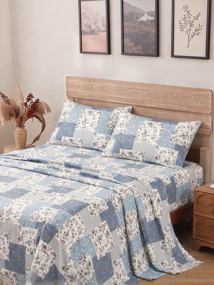 4-Piece Blue Plaid Paisley Floral Pattern Bed Sheet Set, Easy Care Soft Bedding, Floral Fitted Sheet Set (1 Flat Sheet + 1 Fitted Sheet + 2 Pillowcases), Deep Pocket Up To 11.8 Inches, Soft And Breathable, Back To School Dorm Bedding Set - Multicolor - View 1