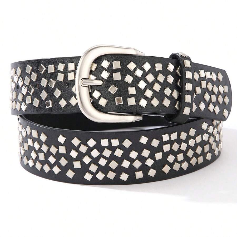 Men's Punk Style Black Belt With Silver Square Studs, Retro Rock Streetwear Belt For Jeans And Casual Outfits - Square Stud Belt - View 1