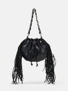 1pc Minimalist Shoulder Bag Featuring A Textured Finish And Black Tassel Detail; A Versatile Choice For Commuting That Works As A Crossbody, Handbag, Or Retro-Style Underarm Bag-Perfect For Pairing With Shirts, T-Shirts, Suits, Or Trench Coats. - Black - View 9
