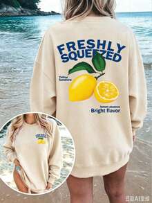 FRESHLY SQUEEZED Casual Lemon Vacation Atmosphere Graphic Oversized Round Neck Short Sleeve-Shirt WomenUnisex Casual-Shirts - 杏色1 - 查看 2