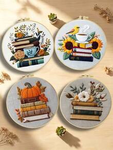 Still Life And Books Embroidery Kit For Adult Beginners. Includes Manual, Printed Fabric, Hoop, Needles, Threads & Stitch Guide. Great Home Gift For Women. Size: 15x15cm/5.9in Or 20x20cm/7.9in. - Books - View 4