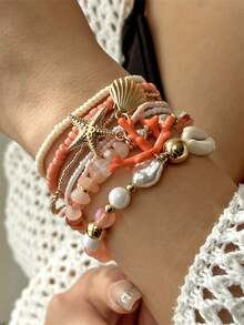 7pcs/Set Bohemian Beach Vacation Style Starfish Shell Coral Beaded Multi-Layer Stackable Bracelets - Pink - View 5